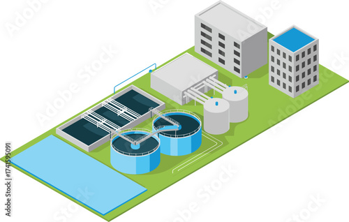 Isometric 3D illustration of modern water treatment plant with purification tanks, clean water recycling facility, sewage management system, sustainable technology