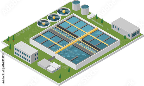 Isometric 3D illustration of modern water treatment plant with purification tanks, clean water recycling facility, sewage management system, sustainable technology