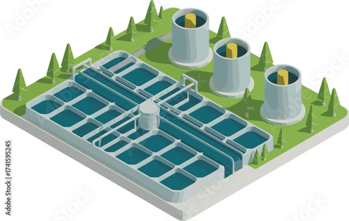 Isometric 3D illustration of modern water treatment plant with purification tanks, clean water recycling facility, sewage management system, sustainable technology