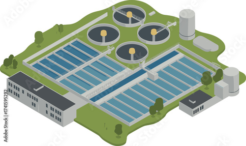 Isometric 3D illustration of modern water treatment plant with purification tanks, clean water recycling facility, sewage management system, sustainable technology