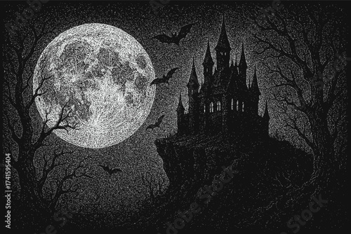 Black and white dotwork vector illustration of a gothic castle under the full moon, surrounded by trees and flying bats. Hand-drawn stippling horror artwork in monochrome.