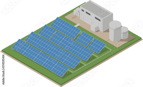 Isometric 3D illustration of modern solar power plant with photovoltaic panels, renewable energy station, sustainable electricity generation, green technology, clean energy