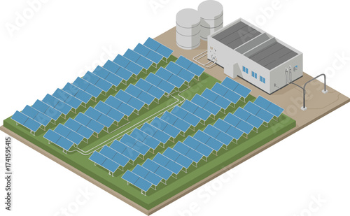 Isometric 3D illustration of modern solar power plant with photovoltaic panels, renewable energy station, sustainable electricity generation, green technology, clean energy