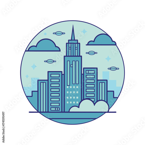 Modern cityscape silhouette with tall buildings and clouds in a circle design