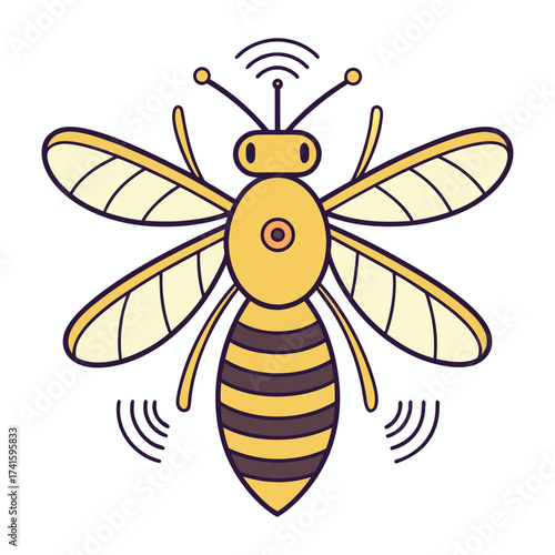Stylized flying bee with wireless signal iconography and striped abdomen