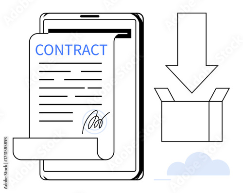 Contract on tablet with signature, download arrow pointing to an open box. Ideal for e-signature, online agreements, digital delivery, remote work, cloud storage, paperless workflow, simple flat