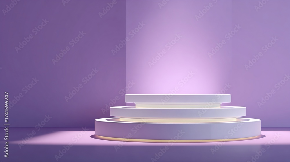 Obraz premium Three-tiered platform on a pastel purple background lit by a single spotlight