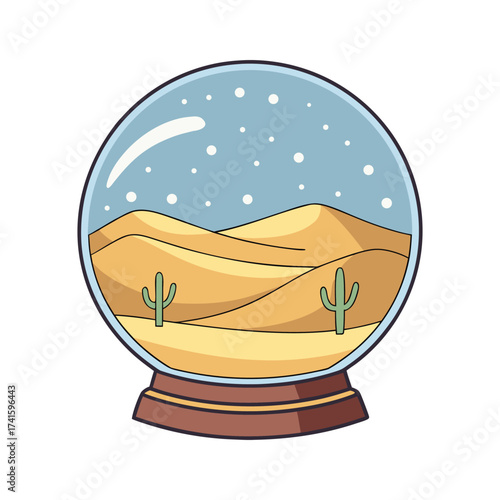 Whimsical desert snow globe with cacti and sand dunes under a starry sky