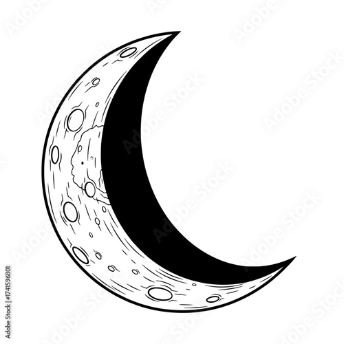 Crescent Moon Illustration: A striking illustration of a crescent moon against a clean backdrop. Emphasizing the moon's texture and shadow with clear outlines.