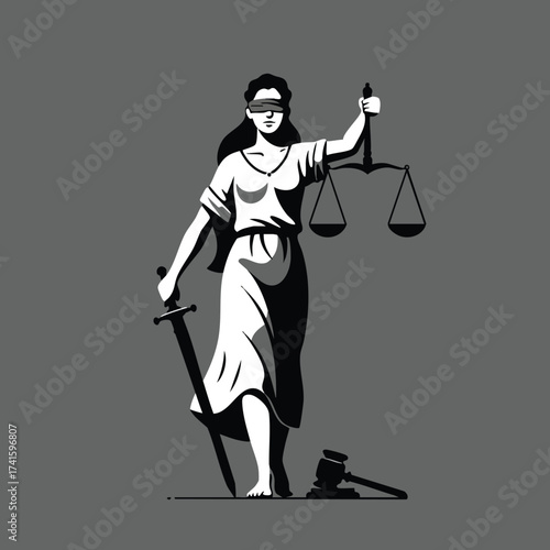 Lady Justice holding sword and scales blindfolded symbolizing law and fairness vector illustration 