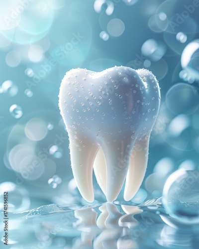Healthy White Tooth with Fresh Water Drops — Dental Hygiene and Whitening Concept