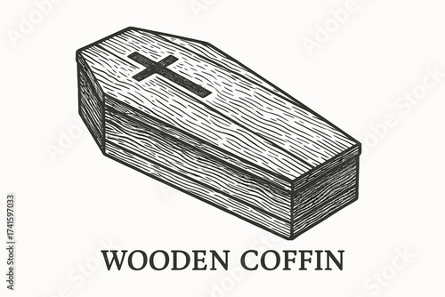 wooden coffin with cross engraving sketch black and white vector illustration