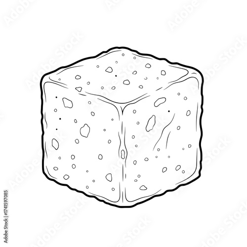 Cube of Solid Sugar: An intricately designed black and white illustration showcases a single cube of solid sugar, highlighting its geometric shape and texture in a stark, minimalist style.