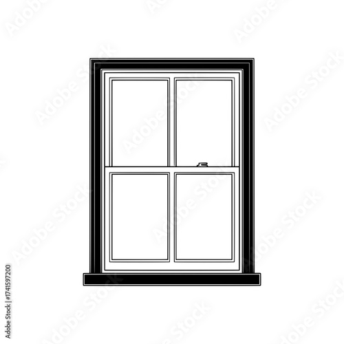 Elegant Window Frame: A monochrome depiction of a classic window frame, designed with four panes, simple details for a look of understated elegance, with black frame.
