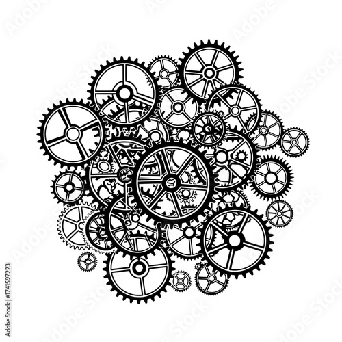 Interlocking Gears: A detailed illustration showcasing a complex network of interconnected gears. Representing industry, technology, and mechanical design.