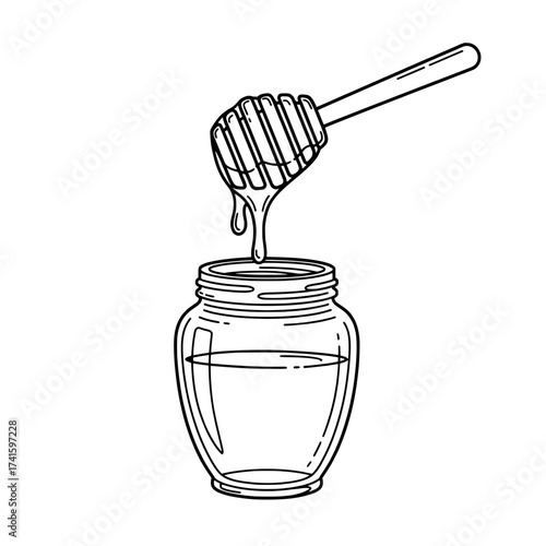Sweet Essence: A simple illustration of honey with a honey dipper over a jar of the viscous liquid, dripping down smoothly.