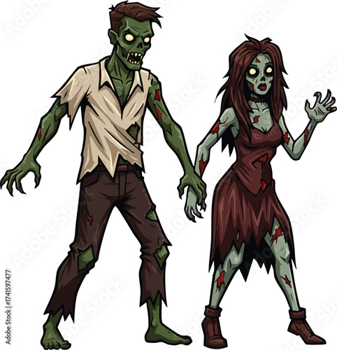 Zombie couple horror characters with torn clothes and green skin in spooky pose illustration vector 
