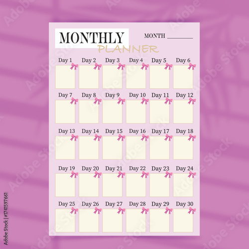Fotografie Chic Pink Monthly Planner Template with Cute Ribbon Accents for Organization, Sc