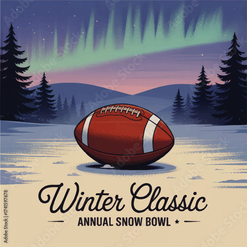Winter Classic Football Illustration with Aurora Borealis, Snowy Field, Pine Trees, and Annual Snow Bowl Event Poster Design