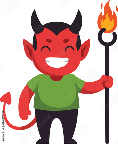 Red devil character with green shirt holding flaming pitchfork smiling cartoon vector illustration 