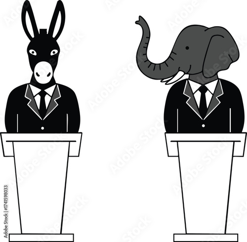 Elephant and Donkey Mascot Characters Representing Political Debate in Business Suits at Podiums Vector Illustration 