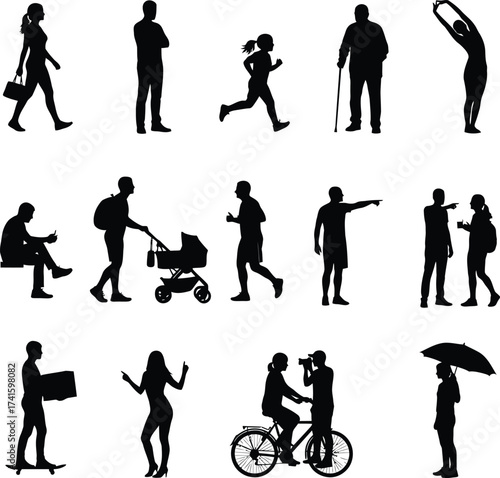 Collection of diverse human silhouettes in various poses and activities