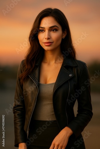 Golden Hour Portrait of a Confident Woman in Leather Jacket – Cinematic Realism, Warm Natural Light, Expressive Beauty, Perfect for Fashion, Lifestyle, and Editorial Stock Photography