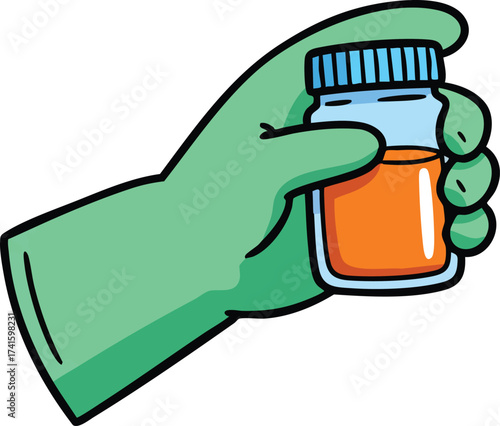 Hand Wearing Green Glove Holding Small Orange Medicine Bottle Illustration Vector 