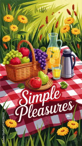 Summer Picnic in Nature with Fruits, Juice, and Thermos on Red Checkered Blanket, Surrounded by Wildflowers – Simple Pleasures Concept Illustration
