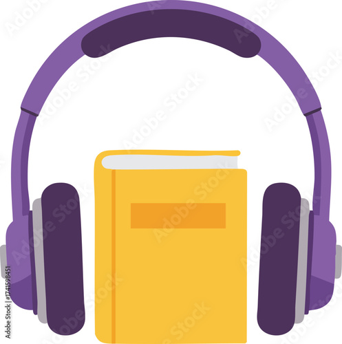 Audiobook concept with yellow book and purple headphones for digital reading and listening enjoyment 