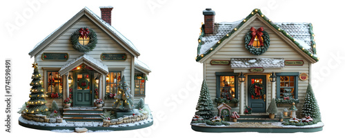 Two charming miniature christmas village houses decorated with snow, lights, and wreaths, isolated on transparent background