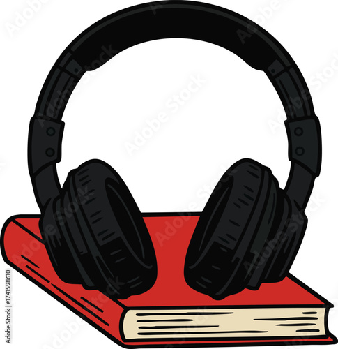 Headphones resting on red closed book representing audio learning and audiobook concept illustration 
