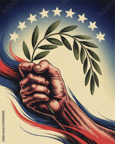 Powerful Hand Holding Olive Branch Illustration with Patriotic Colors, Stars, and Symbolic Peace Theme for Democracy and Freedom