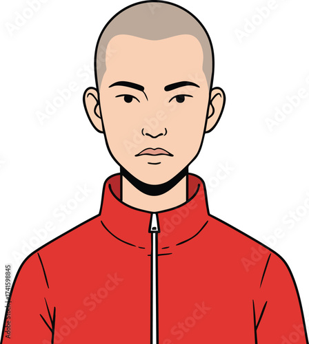 Young bald man wearing red zip-up jacket facing forward with neutral expression vector illustration 