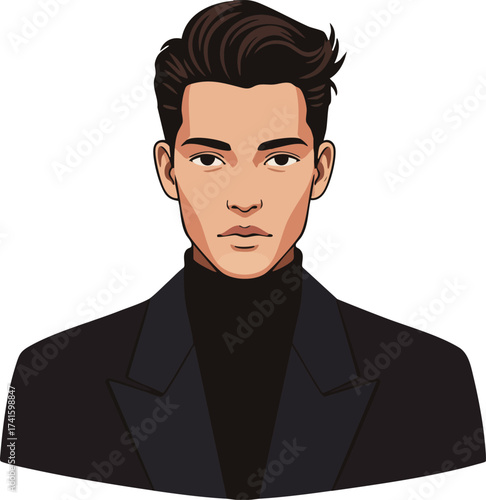 Young man portrait with dark hair wearing black turtleneck and blazer vector illustration