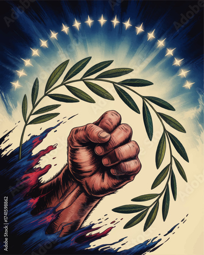 Powerful Fist Holding Olive Branch with Radiant Stars, Symbolizing Peace, Strength, Unity, and Victory in Bold Artistic Illustration