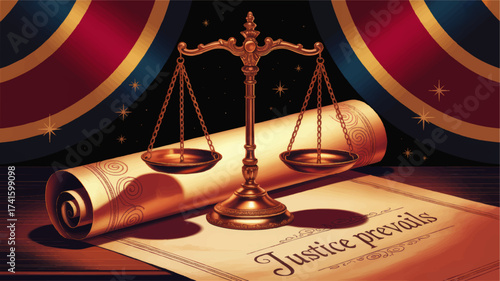 Elegant Scales of Justice with Legal Scroll and "Justice Prevails" Document – Law, Fairness, Ethics, Courtroom, Legality, and Rights Concept Art