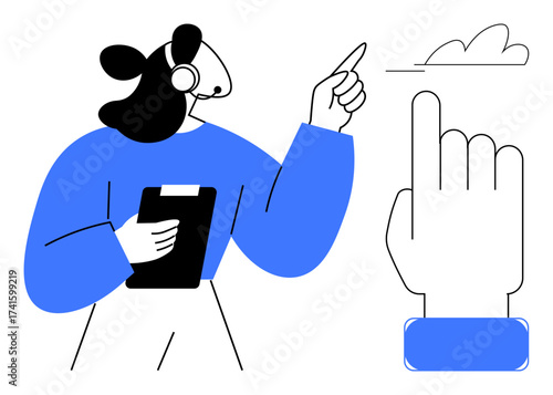 A person with a headset holds a clipboard while gesturing towards a simplified cloud over a hand icon. Ideal for digital support, technology, teamwork, communication, remote assistance, guidance