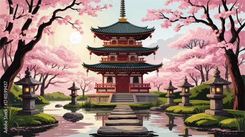Tranquil Japanese Pagoda with Cherry Blossom Trees, Stone Lanterns, and Serene Pond in Spring Landscape Illustration