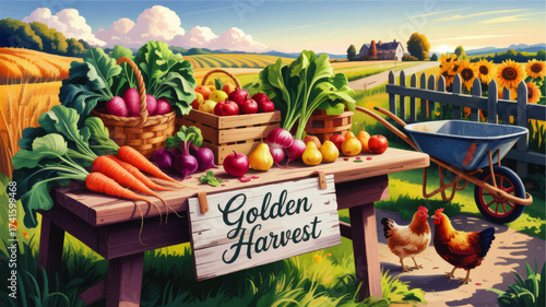 Colorful Autumn Vegetable Harvest at Country Farm Stand with Fresh Produce, Chickens, Sunflowers, and Rural Landscape