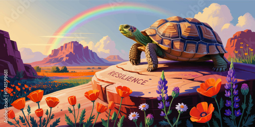 Resilient desert tortoise illustration atop carved stone, vibrant wildflowers, rainbow, and scenic southwestern landscape for inspiration