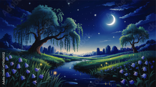 Enchanted Night Landscape with Crescent Moon, Willow Trees, Wildflowers, Fireflies, and Tranquil Stream – Magical Fantasy Artwork
