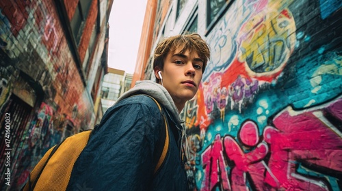 Teenager Urban Lifestyle Teen with backpack graffiti-covered alley vibrant urban scene bold colors earbuds confident stride modern city life