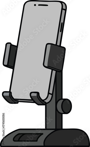 Smartphone on adjustable black desk stand holder vector illustration for hands free use and convenience 