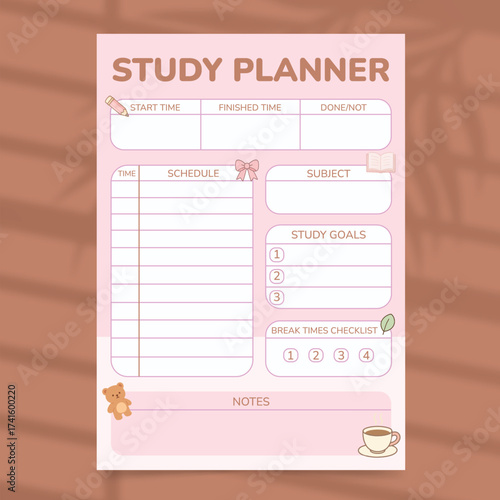 Fototapeta Cute Pink Study Planner Template with Adorable Elements for Academic Scheduling,