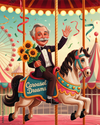 Cheerful Elderly Man Holding Sunflowers Riding Vintage Carousel Horse at Amusement Park, Festive Fairground Art