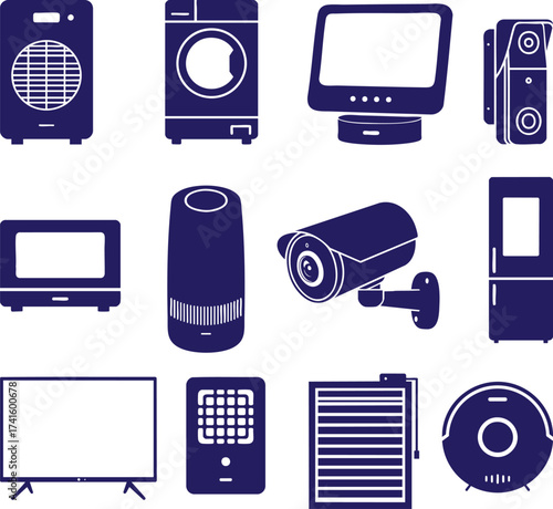 Smart Home Appliances Icon Set – Navy Blue Silhouette Vector of TV, Refrigerator, Washing Machine, Security Camera, Smart Speaker, Robot Vacuum
