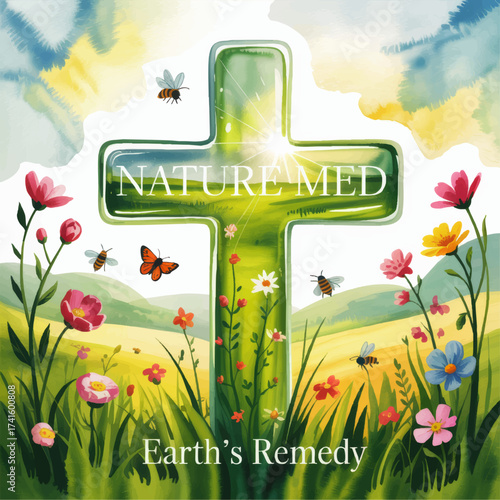 Vibrant Green Medical Cross with Nature Elements, Wildflowers, Bees, and Butterflies for Natural Earth Remedy Concept