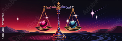 Surreal Balance Scale with Pink and Blue Orbs, Starry Night Sky, Vibrant Mountains, Water Ripples – Fantasy Concept Art Illustration