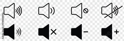 Speaker icon logo design. volume sign and symbol. loudspeaker icon. sound symbol. volume icon, Sound volume icons set with different signal levels Аn icon that increases and reduces the sound. Speaker